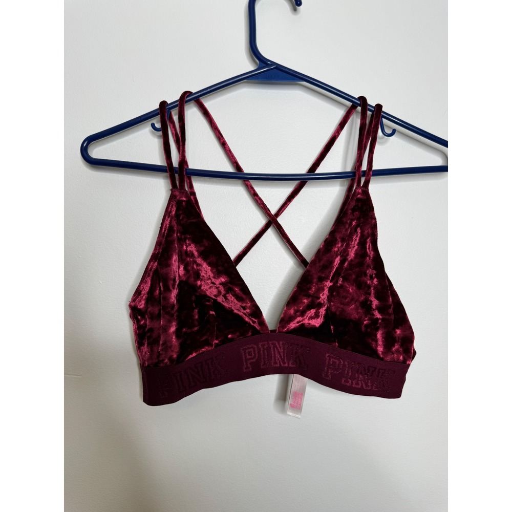 PINK Bralette Womens S Burgundy Excellent Crushed Velvet Strappy Cage Back Logo